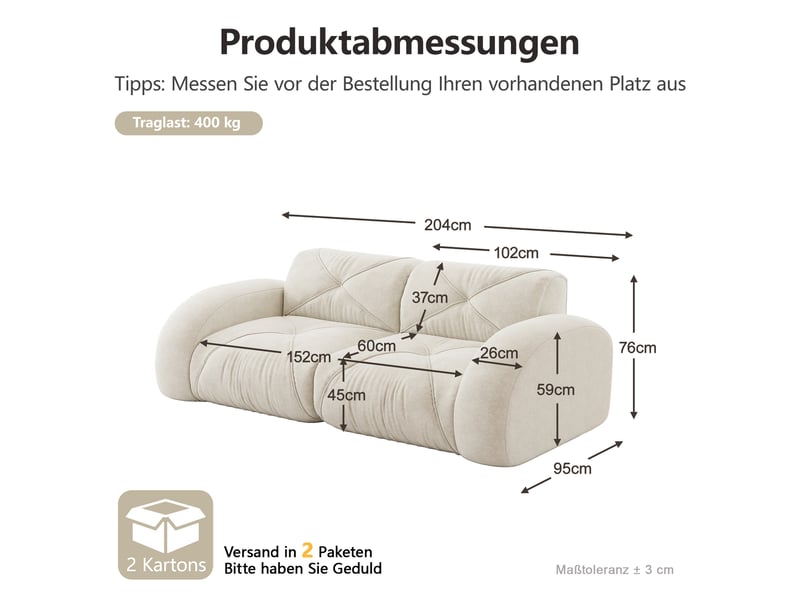  Canapé droit en tissu blanc, 2 places, 204 cm, sans structure rigide W3325S00333 - Conforama C