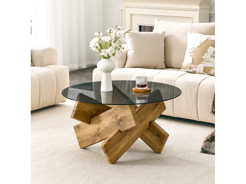  Table basse ronde avec plateau en verre trempé et piètement géométrique en mdf pour salon, bois clair ø 79 cm × h 45 cm  - Conforama E