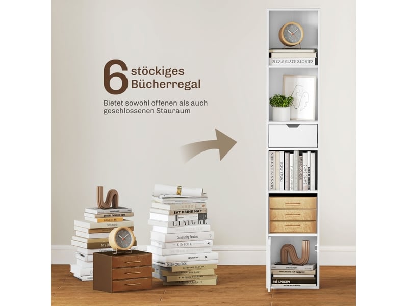  Bibliothèque à 6 niveaux 30 x 24 x 158 cm – blanc – étagère réglable avec tiroir, porte et rangement  - Conforama D