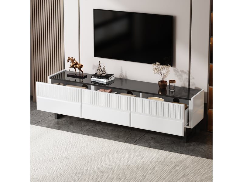  Meuble tv 170 cm noir et blanc avec 3 tiroirs, meuble tv bas design minimaliste pour salon  - Conforama C