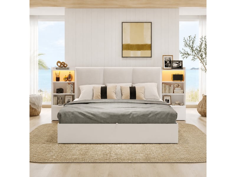  Lit plateforme 180 x 200 cm, éclairage led, rangement, 6 rangements, tête de lit rembourrée, mdf, blanc, sans matelas  - Conforama D