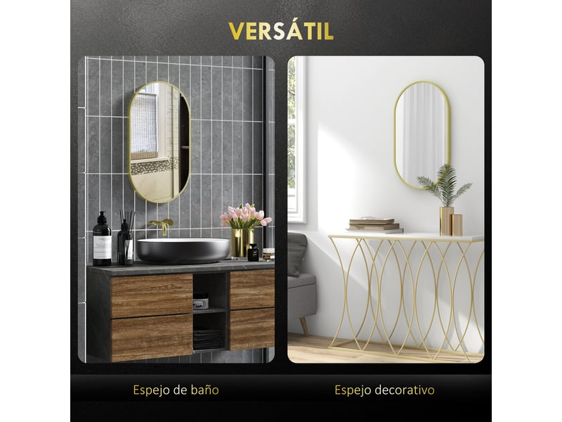 Miroir de salle de bain ovale 40 x 70 cm, miroir mural décoratif avec cadre en aluminium pour salon, installation horizontale ou verticale, doré - Conforama E