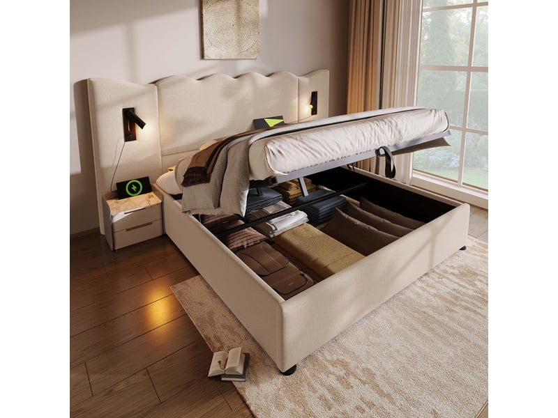  Lit coffre rembourré 180x200 cm avec lampe de lecture, usb-c, sommier bois métal, tête de lit en lin beige et rangement Morn Vibe - Conforama C