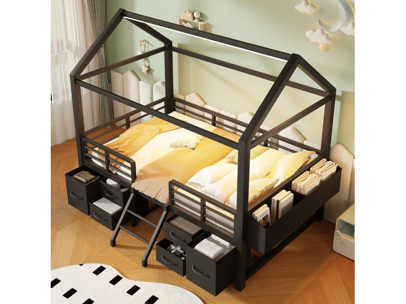  Lit mezzanine enfant 90x200 cm avec toit, 6 tiroirs et éclairage, pour chambre, en métal et mdf, noir, sans matelas  - Conforama D