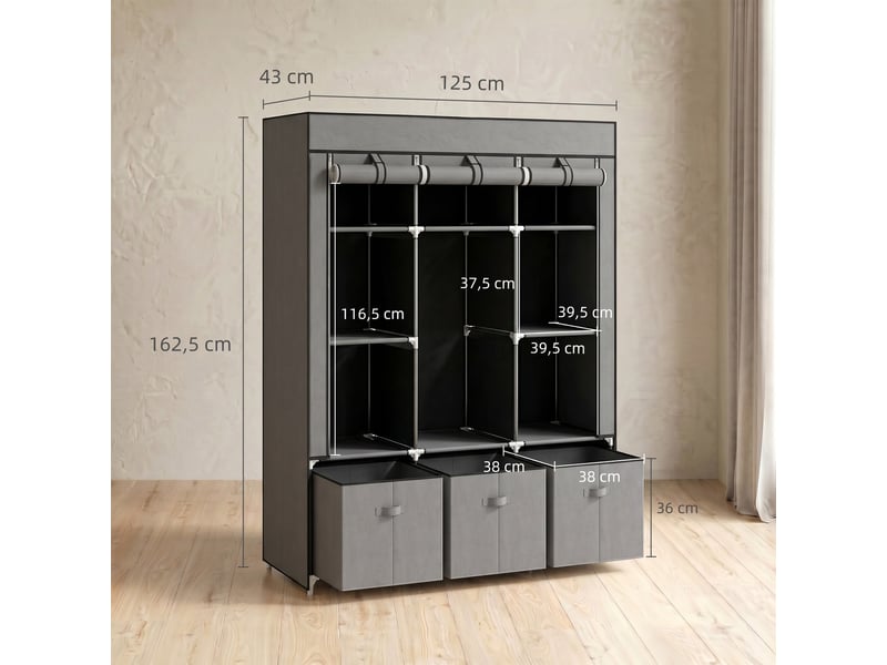  Armoire en tissu avec 2 penderies, 5 étagères ouvertes, 3 tiroirs, fermeture éclair, structure en acier, 125 x 43 x 162,5 cm, grise  - Conforama E
