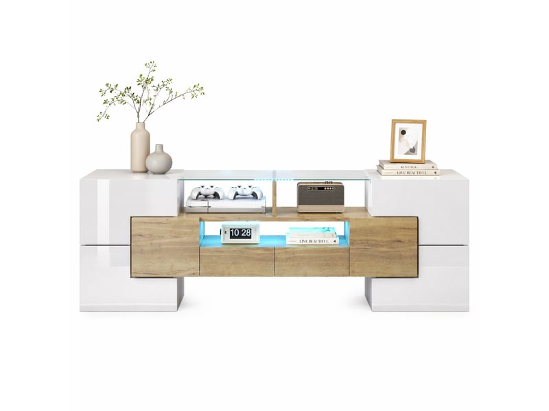 Meuble tv bas 145 cm blanc brillant et décor bois avec éclairage led multicolore  - Conforama A