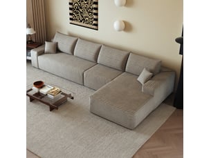 Canapé d'angle 4 places beige en velours côtelé, modulable, chaiselongue à droite, sans montage idéal pour salon