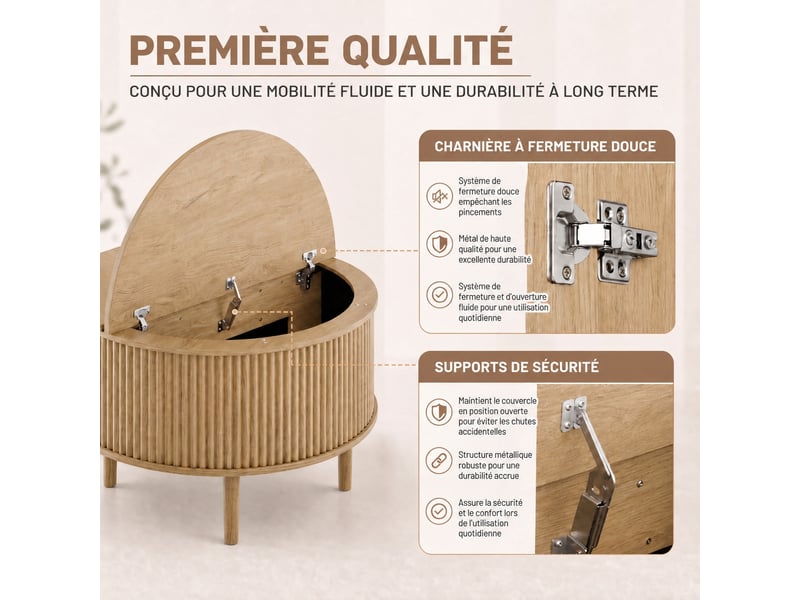  Table basse ronde couleur naturelle avec plateau rabattable, grand espace de rangement caché, design ondulé style rétro, 80x80x50 cm  - Conforama E