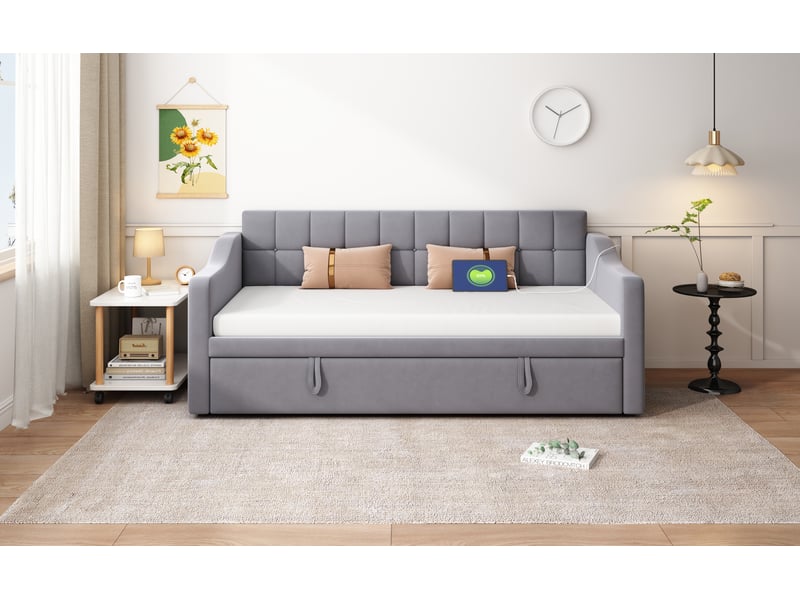  Canapé-lit 2 en 1 gris velours 90x180 – prise intégrée et poche de rangement, design chic  - Conforama E