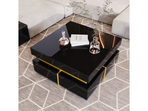 Table basse avec 2 tiroirs, finition brillante, décor doré, en panneaux de particules, noir, 70 × 70 × 35 cm - uvrion