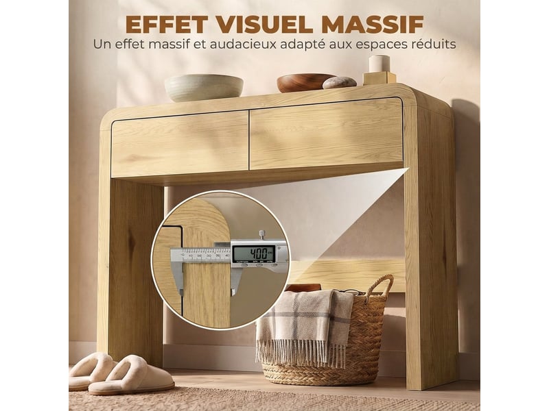  Table console avec 2 tiroirs, console meuble, 100 x 30 x 85 cm, coins arrondis et plateau épais, bois naturel  - Conforama D