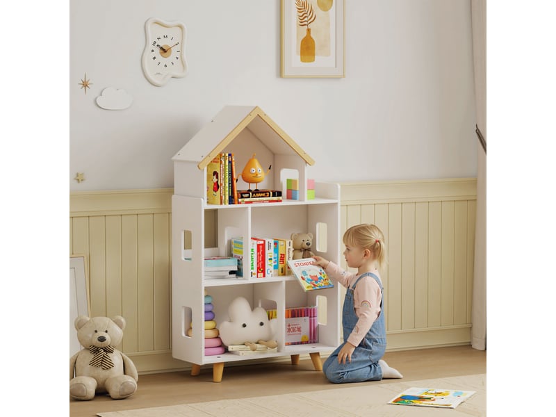 Bibliothèque à 3 niveaux pour enfants de 3 à 6 ans, idéale pour les livres et les jeux. En mdf et pin, 65 x 25 x 108,5 cm, blanche. - Conforama B