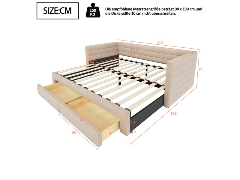 Canapé-lit convertible 3-en-1 90/180x190 cm avec 2 tiroirs, tissu coton-lin beige, sans matelas - Conforama C