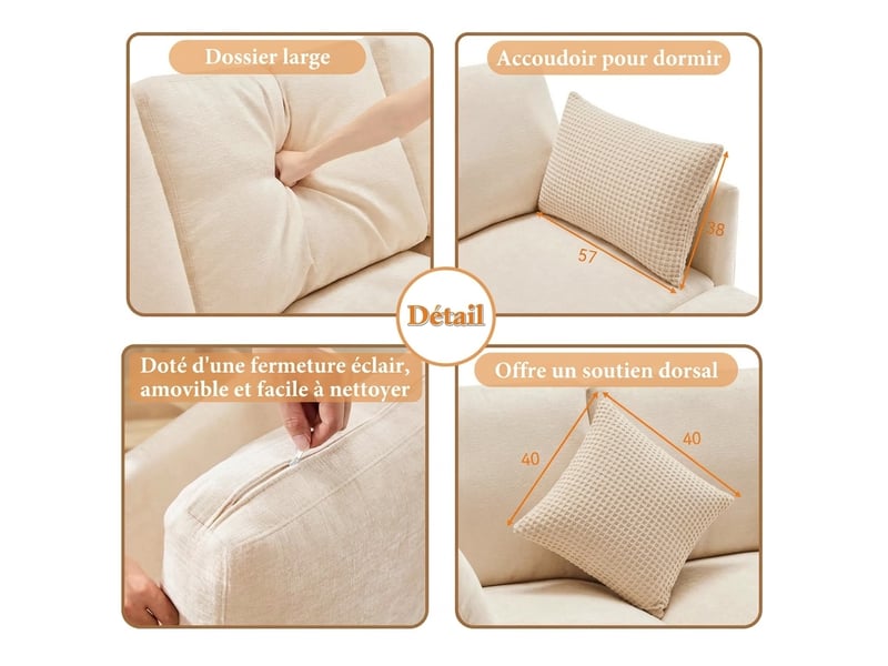  Canapé d'angle modulable 3 places avec pouf tissu chenille beige - 216x161cm  - Conforama D