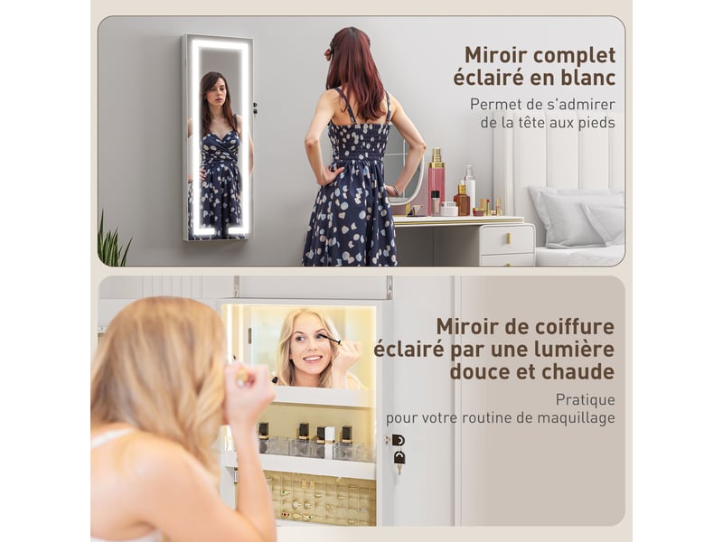  Armoire à bijoux avec led, organisateur de bijoux muralde porte verrouillable avec miroir, blanc, 37 x 10,5 x 108 cm  - Conforama E
