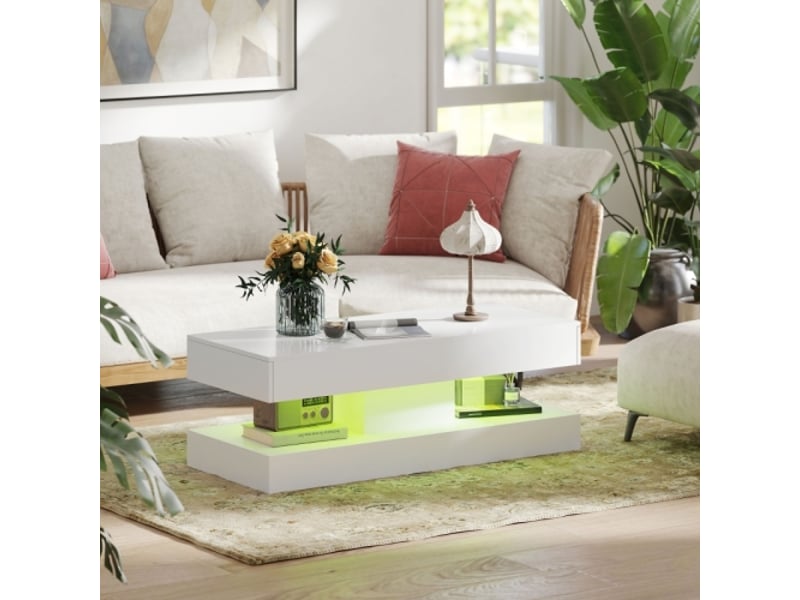 Table basse moderne blanche avec tiroirs, led et étagère ouverte en panneau pour salon - Conforama E
