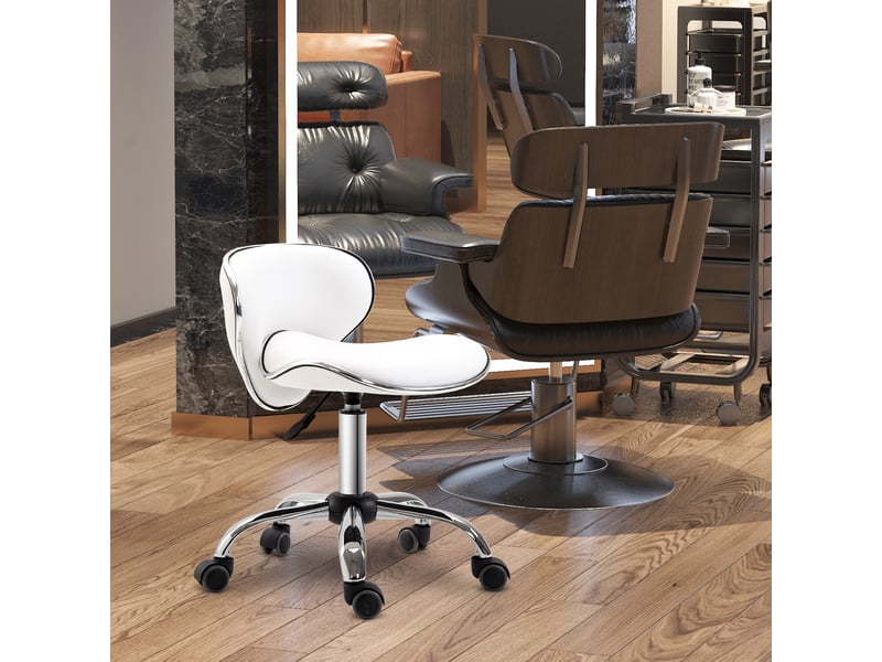  Tabouret à roulettes de travail avec hauteur réglable 44-56 cm et dossier pivotant 360° en blanc  - Conforama D