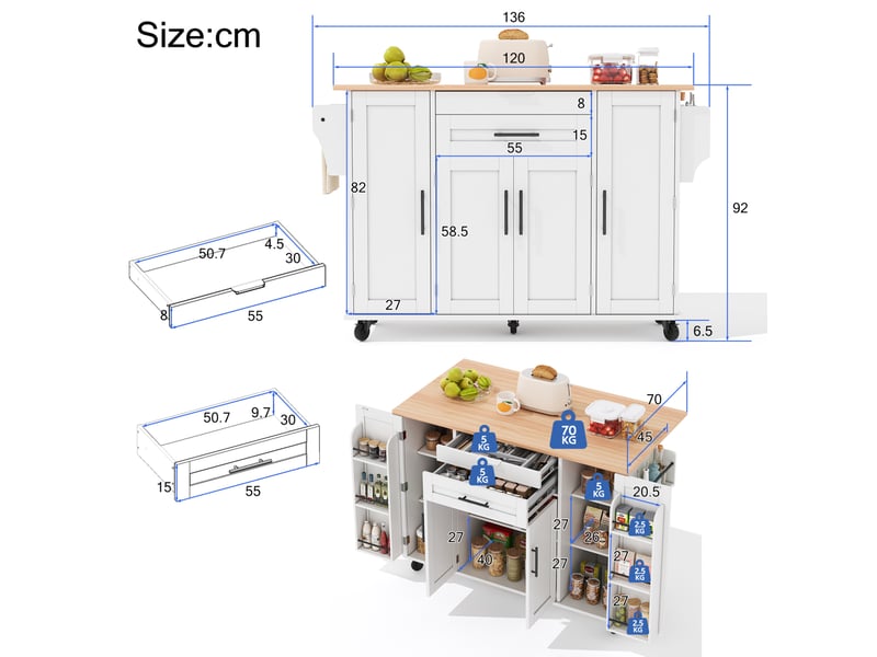  Îlot de cuisine mobile 136x70x92 cm  - Conforama C