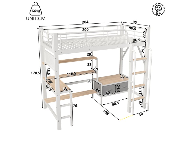  Lit mezzanine 90x200 cm, lit enfant, tiroirs, bureau, panneau perforé, étagères, port usb, bois et métal blanc  - Conforama R