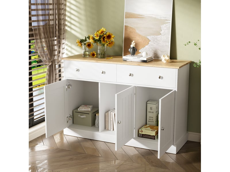  Buffet 120x36x80,5 cm blanc et couleur bois, 3 portes 2 tiroirs en panneau de particules pour rangement  - Conforama B
