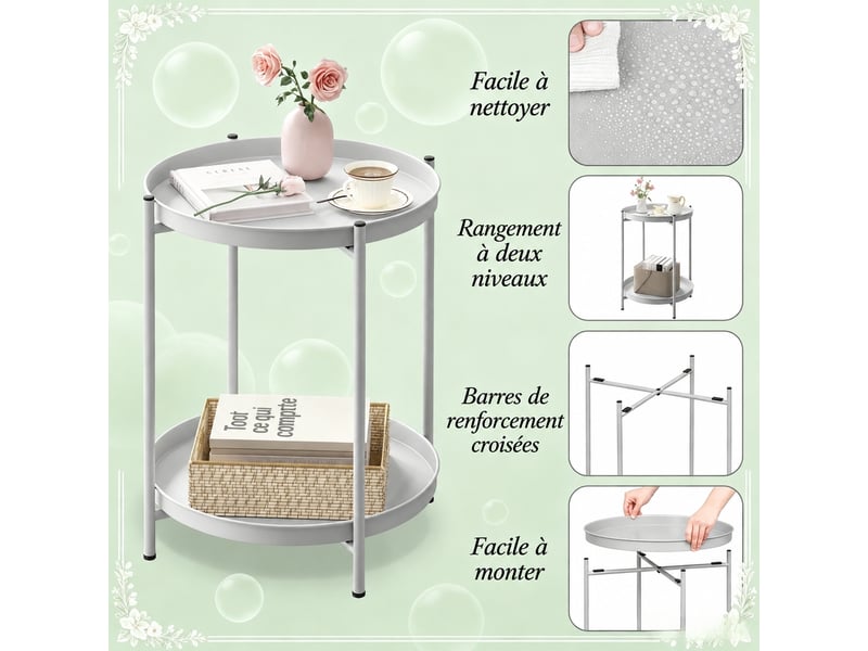  Table d'appoint ronde en métal, bout de canapé gris clair avec deux plateaux amovibles, ø44x53 cm  - Conforama R