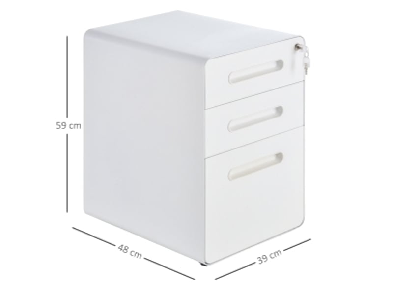  Caisson de bureau mobile 39 x 48 x 59 cm blanc en acier, 3 tiroirs verrouillables sur roulettes, rangement de documents  - Conforama C