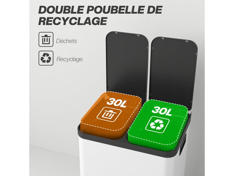  Poubelle de cuisine 2x30l à pédale en métal blanc 48,8x39,5x67 cm  - Conforama D