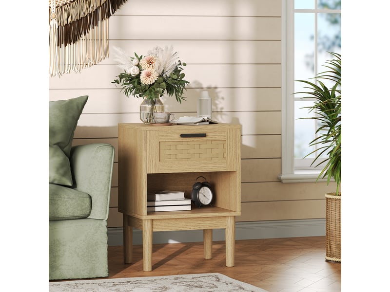  Lot de 2 tables de chevet en effet chêne et cannage - 40x30x55 cm - 1 tiroir et 1 niche ouverte - style bohème et naturel  - Conforama C