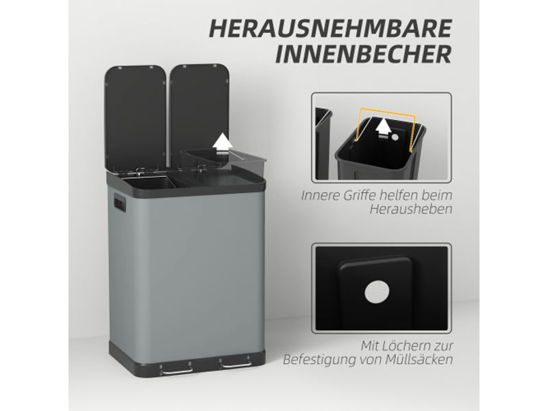Poubelle à pédale 2x30 l en métal, couvercles et bacs intérieurs, 48,8x39,5x67 cm - Conforama B