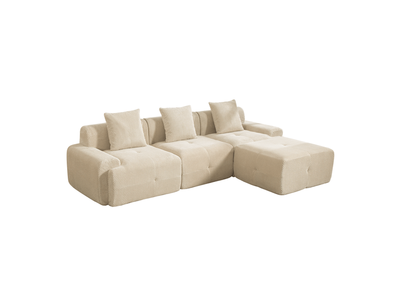 Canapé d'angle modulable 3 places en chenille kaki clair, 266 x 176 x 75 cm, sans montage, livré compressé, coussins inclus, pour le salon, mousse 30d CARDUME ESTIVAL - Conforama A