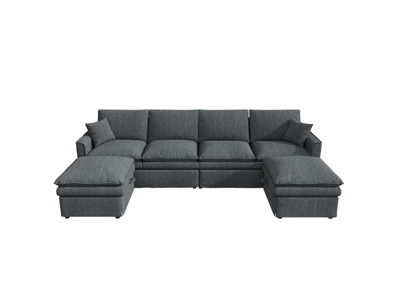  Canapé d'angle modulable 6 places 277x135x80 cm gris en tissu coton et lin, 2 poufs de rangement et ports usb  - Conforama A