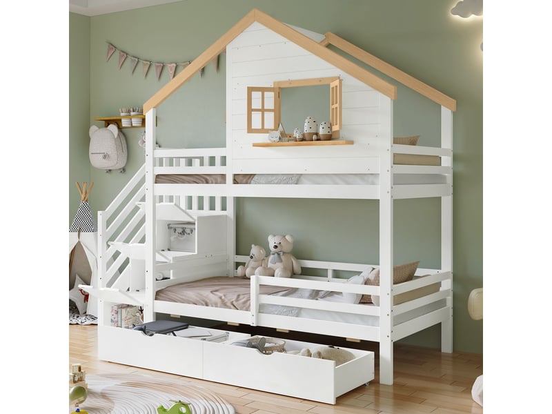  Lit superposé 90 x 200 cm structure en pin et mdf escalier à rangements rangement sous le lit design petite maison fenêtre intégrée finition blanc et naturel  - Conforama B