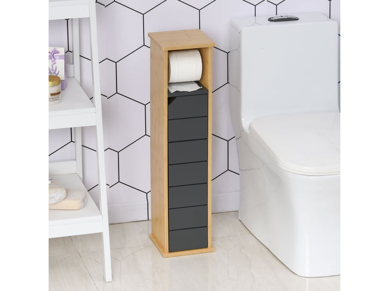  Meuble de salle de bain avec porte-papier toilette intégré, meuble gain de place avec étagère réglable en mdf et bambou, 18 x 18 x 75 cm  - Conforama D
