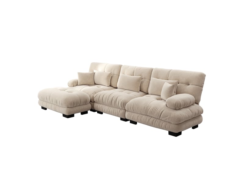  Canapé-lit d’angle modulable 3 places avec pouf en chenille café clair, 313 x 145 x 81 cm  - Conforama A