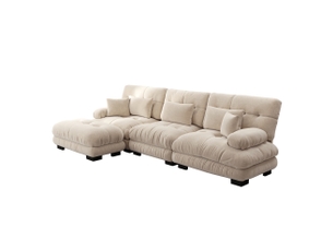 Canapé-lit d’angle modulable 3 places avec pouf en chenille café clair, 313 x 145 x 81 cm