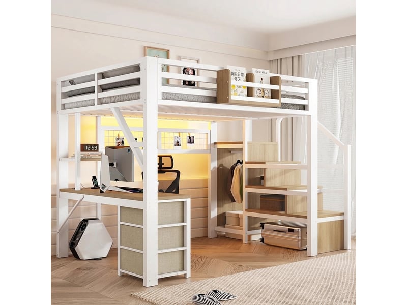 Lit mezzanine 140x200 avec bureau et armoire station de charge métal blanc - Conforama B