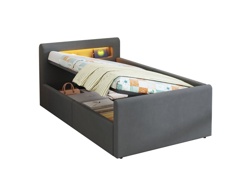  Lit coffre enfant 90x200 cm, led, port usb, espace de rangement, sommier, velours gris foncé, sans matelas  - Conforama A