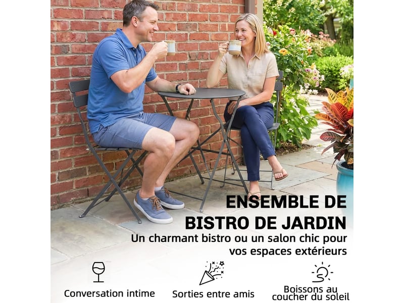  Ensemble bistrot de jardin 3 pièces table et 2 chaises pliantes métal noir  - Conforama E