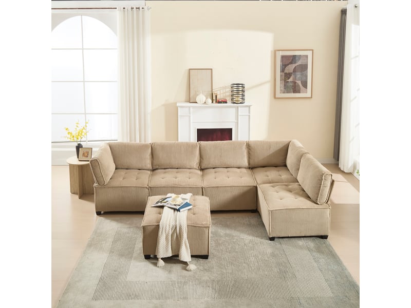  Canapé modulable 6 places en velours côtelé kaki 308 x 154 x 81,99 cm avec poches de rangement, salon séjour 308x154x81.99cm - Conforama B