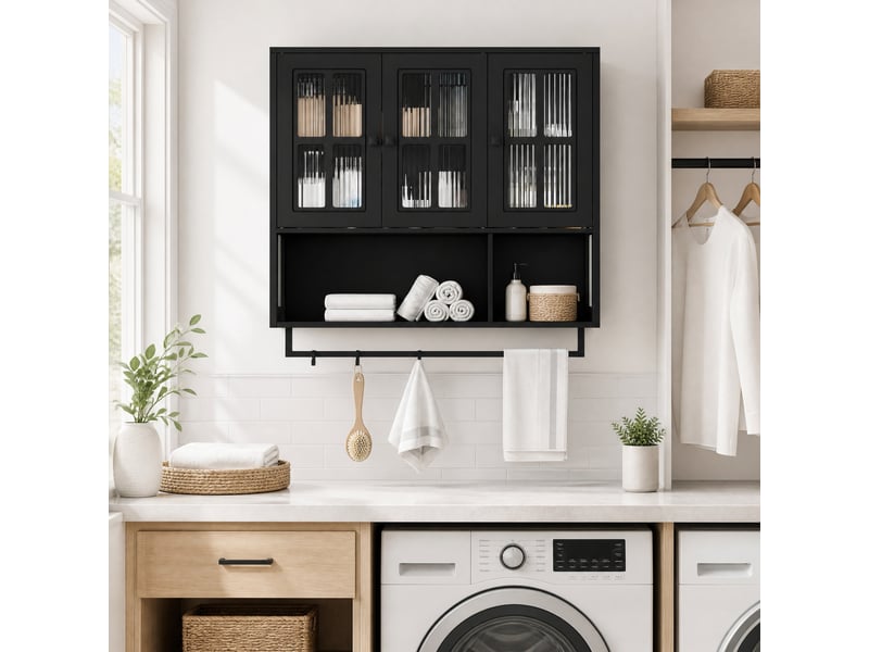 Armoire de salle de bain murale avec 3 portes, niche ouverte et porte-serviettes, en mdf et verre noir, 88 × 26 × 82,5 cm - Conforama B