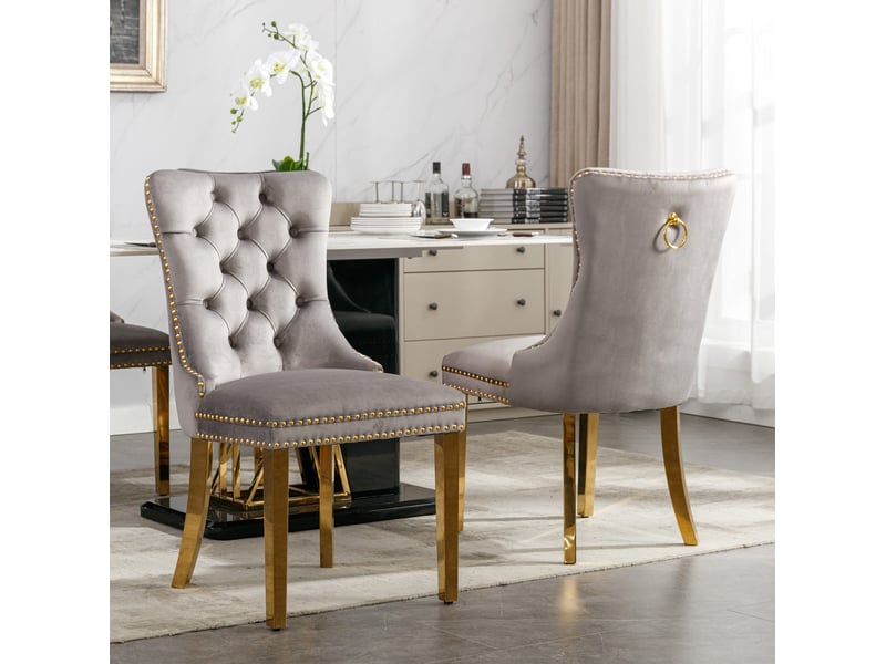  Lot de 2 chaises de salle à manger en velours gris et doré, pieds réglables  - Conforama B