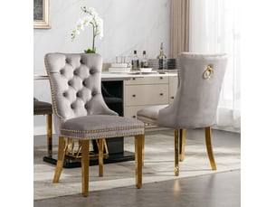 Lot de 2 chaises de salle à manger en velours gris et doré, pieds réglables