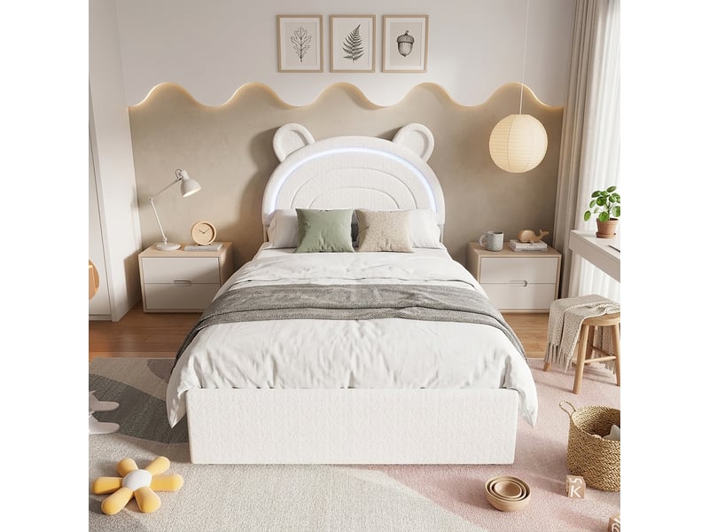  Lit enfant capitonné 90x200 cm lit fille lit simple rembourré en velours avec led tête de lit d'ours 4 tiroirs de rangement, beige  - Conforama D