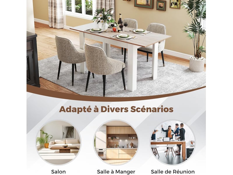 Table extensible salle à manger 120-158 cm en bois pour 6 pers, pieds en forme de l (blanc et naturel)  - Conforama E