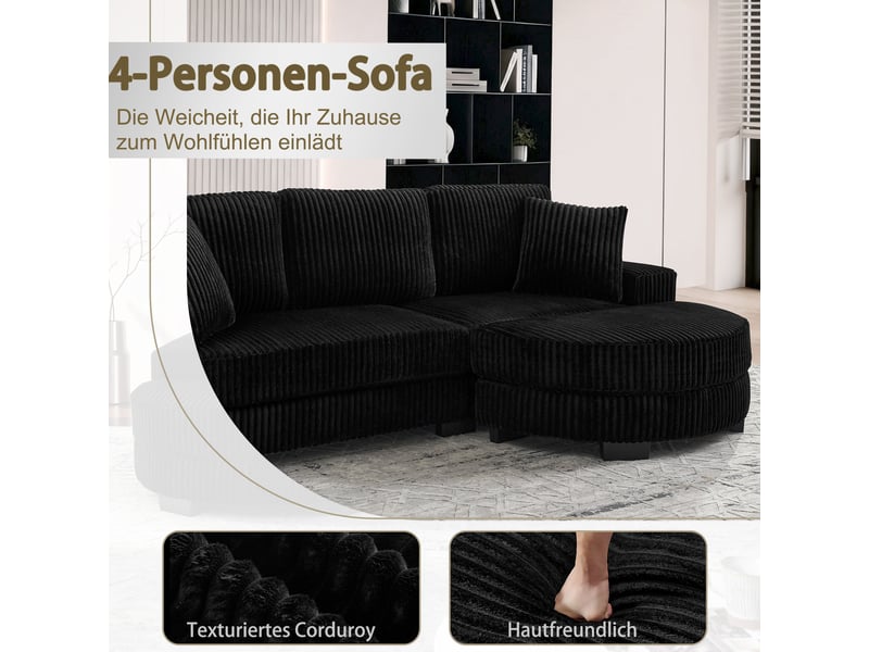 Canapé d'angle, canapé modulable – 4 places, en velours tricoté, coussins inclus, noir, avec pouf, 256,5 x 133,5 x 89 cm - Conforama W