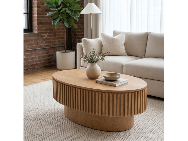  Table basse ovale 98x60x35 cm rangement caché mdf bois naturel  - Conforama C