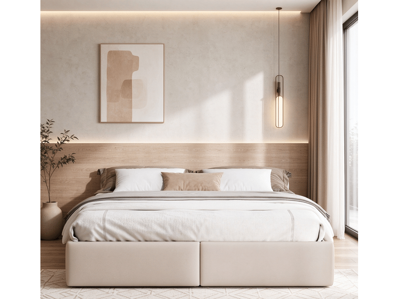  Lit 160 x 200 cm rembourré avec coffre de rangement et 2 tiroirs, lit double hydraulique sans tête de lit, revêtement en lin, beige, sans matelas  - Conforama E