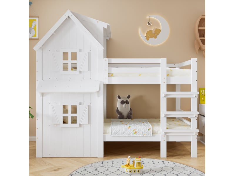  Lit superposé cabane 90x200 cm blanc avec fenêtres et toit  - Conforama B
