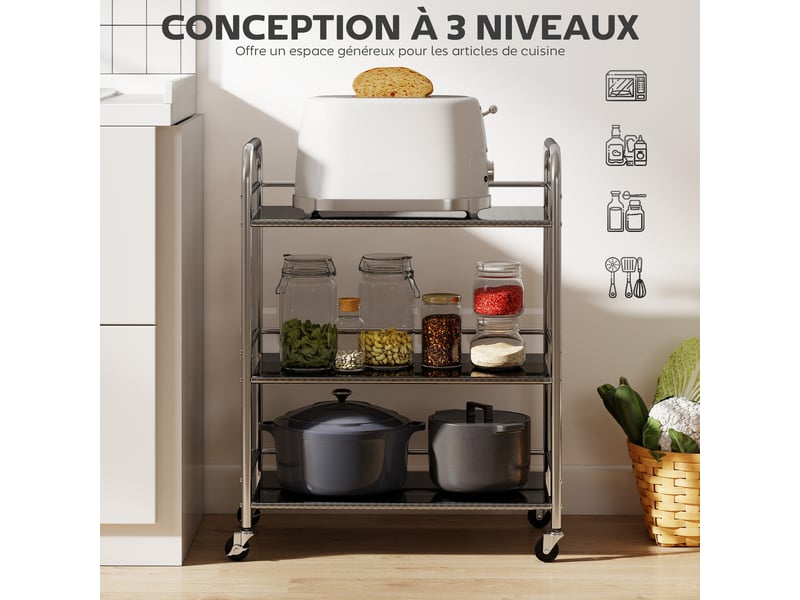  Desserte de cuisine à roulettes 3 niveaux en acier inoxydable argenté 60 x 35 x 77 cm  - Conforama D