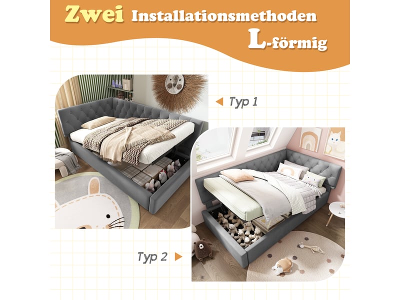  Lit banquette 90x200 lit coffre hydraulique canapé lit velours gris avec sommier  - Conforama W